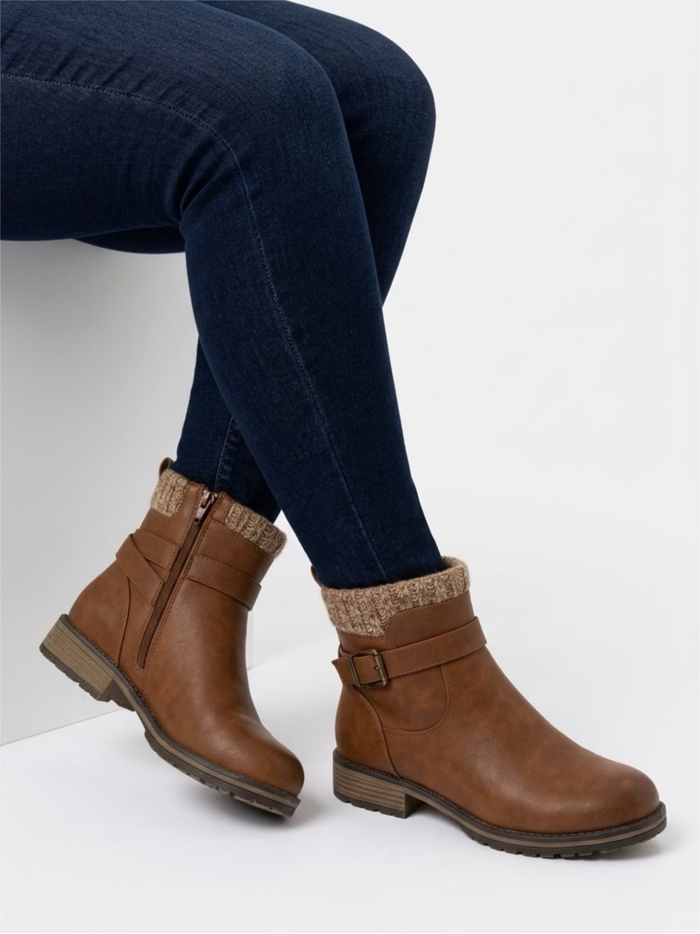 ID Required Brown Faux-Leather Ankle Boots with Knit Cuff